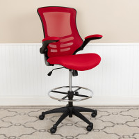 Flash Furniture BL-X-5M-D-RED-GG Mid-Back Red Mesh Ergonomic Drafting Chair with Adjustable Foot Ring and Flip-Up Arms
